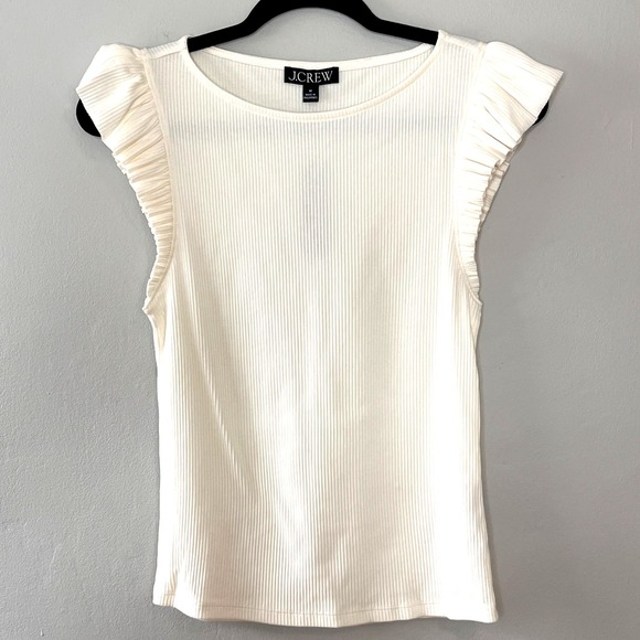 J. Crew Vintage Rib Ruffle Boatneck Tank Top Ivory M Soft Girl Romantic Feminine - Picture 1 of 8